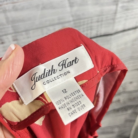 Judith Hart Skirt size 12 Coral Tan Floral Tropical Faux Wrap Pencil Knee Hawaii - Picture 14 of 14